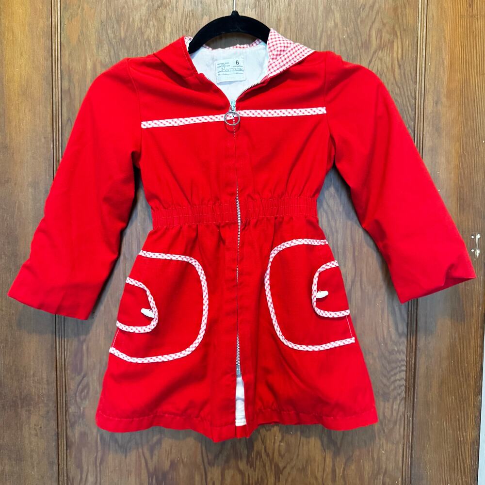 Vintage Sears Hooded Red Gingham Dress Jacket Coat 6 44.5” to 47”‎ Girls Kids
